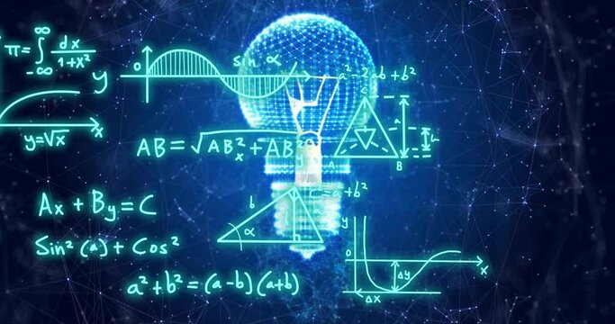 Animation of mathematical equations over light bulb and networks on dark background