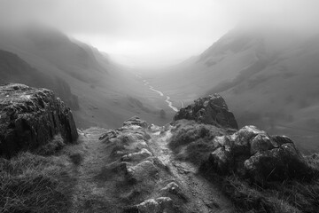 A peaceful black and white landscape of Lake District inspired nature in England