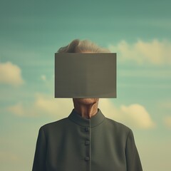 Old woman with her face covered by grey paper sheet. Identity, personality conceptual background. - 751598420