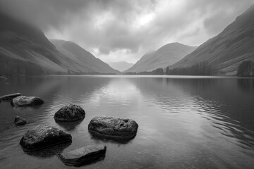 A peaceful black and white landscape of Lake District inspired nature in England