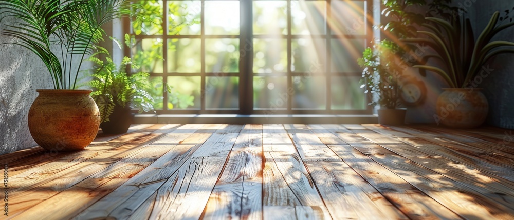 Poster 3d rendering of an empty room with laminate flooring and sun light casting shadows on the wall. pers