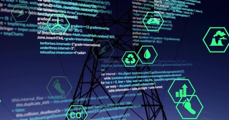 Animation of energy icons and processing data over electric pylon in sunset landscape - Powered by Adobe