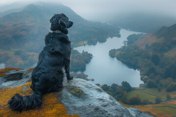 A dog sitting on top of a mountain in the Lake District with a beautiful view in the background of English mountains and countryside