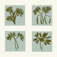 Handmade linocut pressed floral set vector motif clipart in whimsical scandi style. Folkart simple block print sprig shapes with woodcut effect collection.