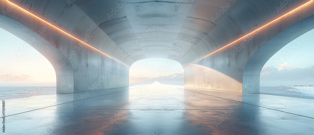 Poster rendering of a 3d architecture tunnel on the highway with an empty asphalt road.
