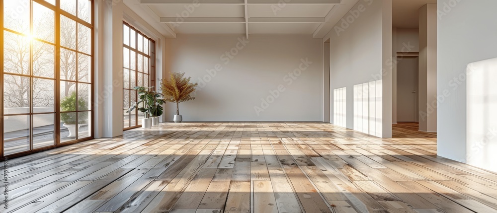 Poster an empty 3d rendering of a modern room with a wooden floor and a large, plain white wall.