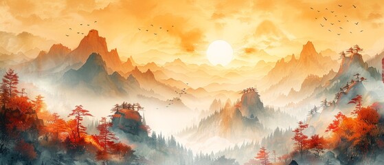 Vector landscape painting in Chinese style. Ink landscape painting. Artistic background design. Prints, wallpapers, posters, murals, carpets. Abstract art.