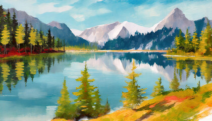 Oil painting of peaceful alpine lakeside scenery with mirrored reflection of surrounding mountains.