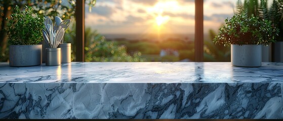 A closeup of the marble countertop of an island kitchen against a blurred background of a kitchen with appliances and utensils by a window with a green plant.