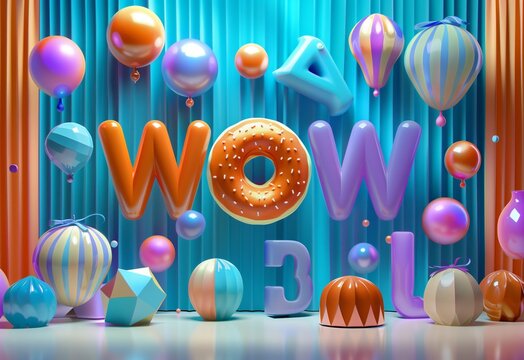 3D doughnut in a word WOW surrounded by colorful ballons. Birthday surprise conceptual background.