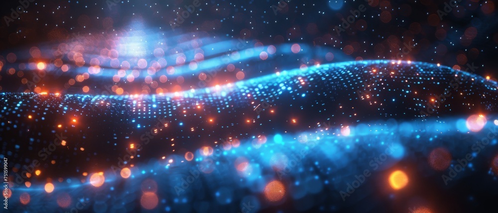 Poster Data Communication and Transfer of DNA Biology. Futuristic concept of digital dark and blue background. Big data code. Digital data transfer.