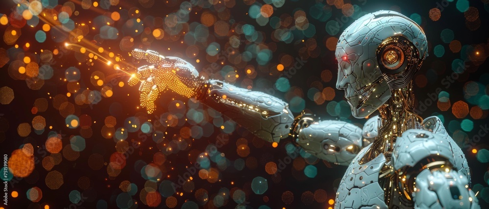 Aufkleber Robot and human hand with flash light and screen projection over black background - artificial intelligence, future technology, and business concept