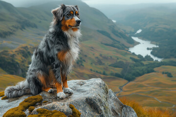 A dog sitting on top of a mountain in the Lake District with a beautiful view in the background of English mountains and countryside
