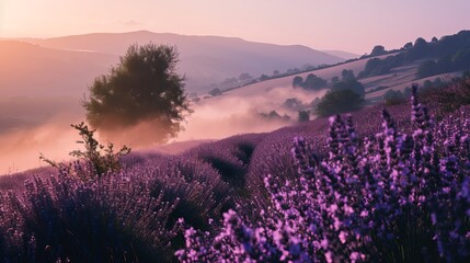 Sunrise Illuminates a Lush Lavender Field with Foggy Mountains Looming in the Background