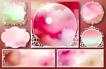 Wine red natural color watercolor background card cover. Set of abstract pastel pink watercolor circles design. Copy space for text