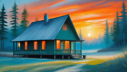 Oil painting of wooden cabin in the woods, sunset or sunrise. Natural landscape. Expressionist color palette. Hand drawn art.