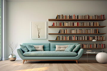 A living room with a blue couch and a white wall. The couch is surrounded by a large number of books on shelves