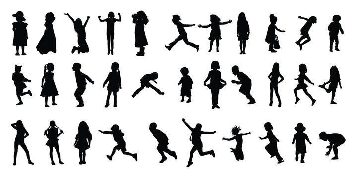 Set silhouettes of little children playing isolated on white background