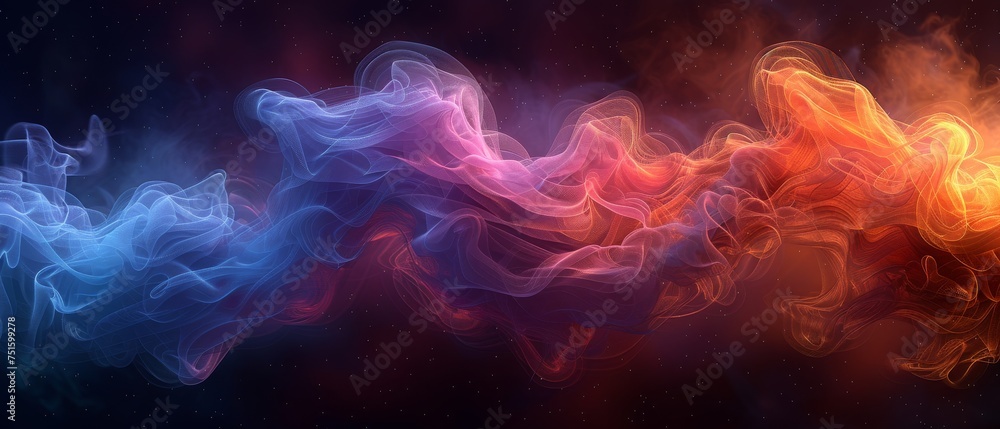 Poster Chromatic Mirage: A 3D rendered symphony of colorful smoke effect shapes emerging from the depths of a deep black backdrop
