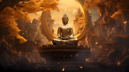 Buddha Statue Serenity in Temple City, Asia: Golden Spiritual Sculpture of Peaceful Meditation and Worship under the Sky, blending Thai and Indian Cultural Heritage