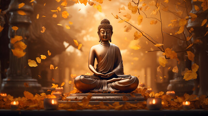 Buddha Statue Serenity: A golden Buddha sculpture in a tranquil Asian temple, embodying meditation, spirituality, and ancient culture