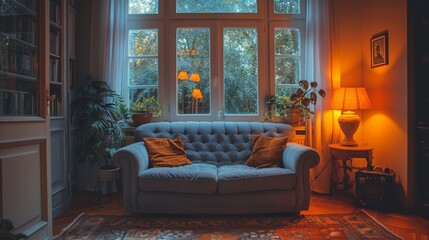 Fototapeta na wymiar Couch, armchair, and glowing lamps in living room