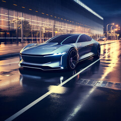 A futuristic car is driving down a wet street at night. The car is sleek and modern, with a shiny...