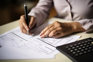 A woman is writing on a piece of paper with a pen. She is focused on her task and she is in a serious mood