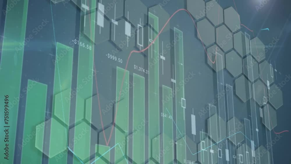 Poster animation of financial data processing over grey background