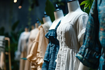 Sustainable fashion concept. A row of mannequins are dressed in various outfits, including a white dress and a blue dress - Powered by Adobe