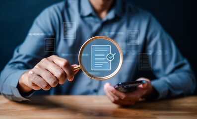 document, technology, information, management, office, typing, database, online, security, file. businessman holding magnifying glass, showing audit document concept, quality assessment management.