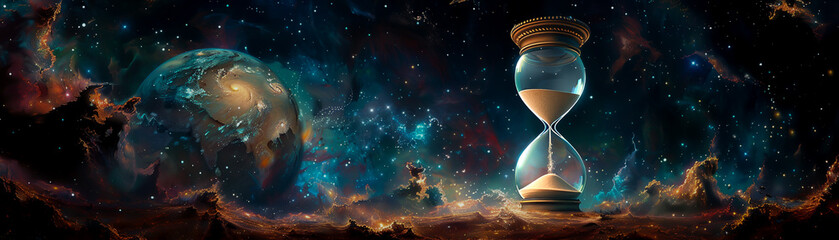 A large hourglass is situated on a planet with a mysterious cosmic expanse as the background.