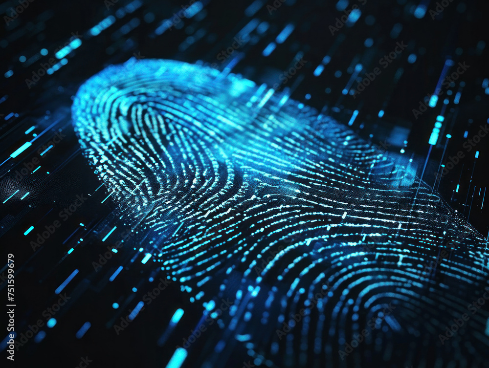 Poster closeup image of a fingerprint illuminated by blue light on a black background