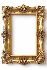  illustration of a golden frame, perfectly suited for enhancing your paper, displayed against a backdrop of pure white, providing a complete view of the frame's intricate details