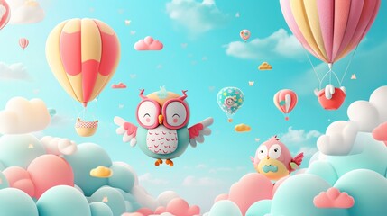 Cute owl flying in the sky with clouds and hot air balloon