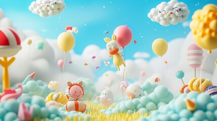 Cute animal birthday party with balloons and clouds