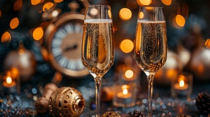 An abstract defocused background with champagne and a clock for a Countdown for the New Year in 2024 - obrazy, fototapety, plakaty