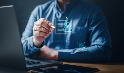 technology, document, information, caution, management, paperwork, security, office, online, database. document warning hacked alert triangle caution warning, scam virus spyware malware antivirus.