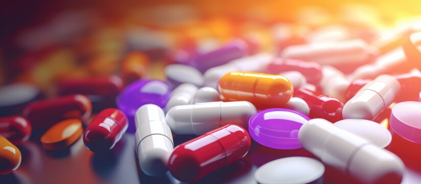 The image shows a close-up view of various medical pills and tablets scattered on a table. The pills come in different shapes, sizes, and colors, creating a visual array of pharmaceutical medication.
