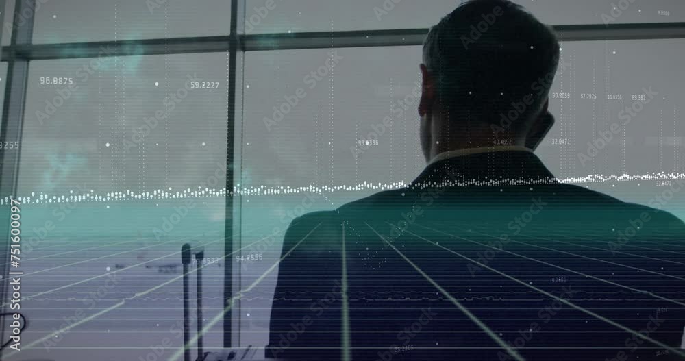 Poster animation of data stream processing over caucasian businessman talking on smartphone at airport