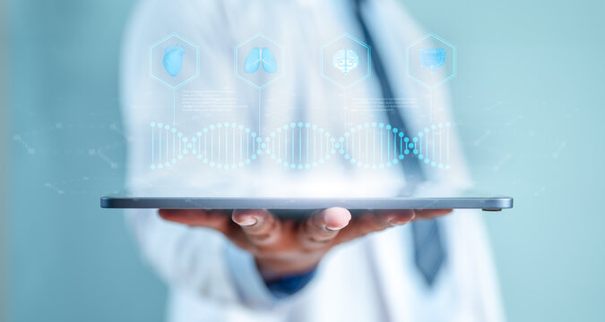 doctor, health care, medicine, science, hospital, research, analysis, health, biology, chromosome. medicine doctor electronic medical record above on tablet. digital healthcare on hologram screen.