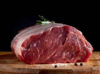 Fototapeta premium Piece of raw beef meat on wooden table, closeup, isolated with black background