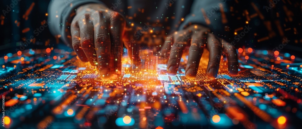 Poster Business and technology, software development, IoT concept. Double exposure, working on smart city and digital tablet with binary, html computer code.