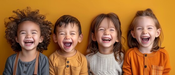 On a white background, small kids are laughing