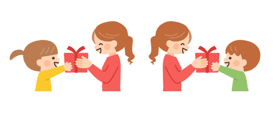 プレゼントする子供と受け取るお母さんのイラスト素材