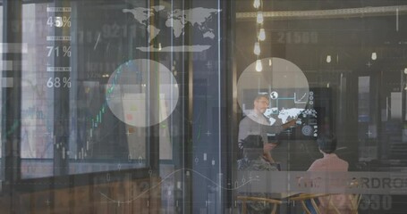 Animation of graphs and charts processing over caucasian casual businessman giving presentation - Powered by Adobe