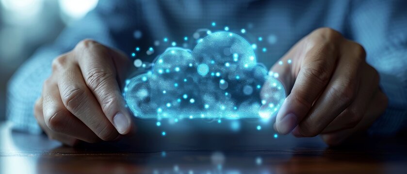 Hand of a businessman working with a cloud computing diagram