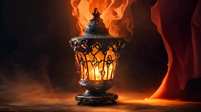 Aladdins mysterious lamp with glowing fire and smoke on dark magical background