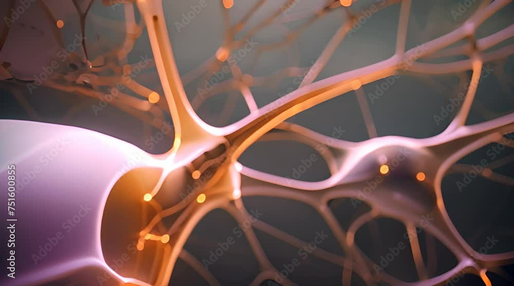 Poster neuron cells with synaptic connections representing a neural network and the complexity of the human