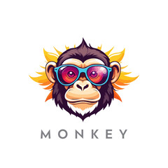 Creative colorful funny monkey mascot logo.
Chimpanzee with sunglasses on colorful gradient, cartoon style, digital vector illustration.
